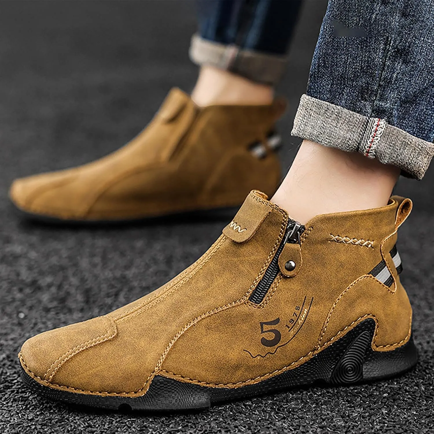 2025 Winter Chukka Boot for Men Zipper Leather Boots Handmade Leather Casual Boots Water Proof Dress Boots