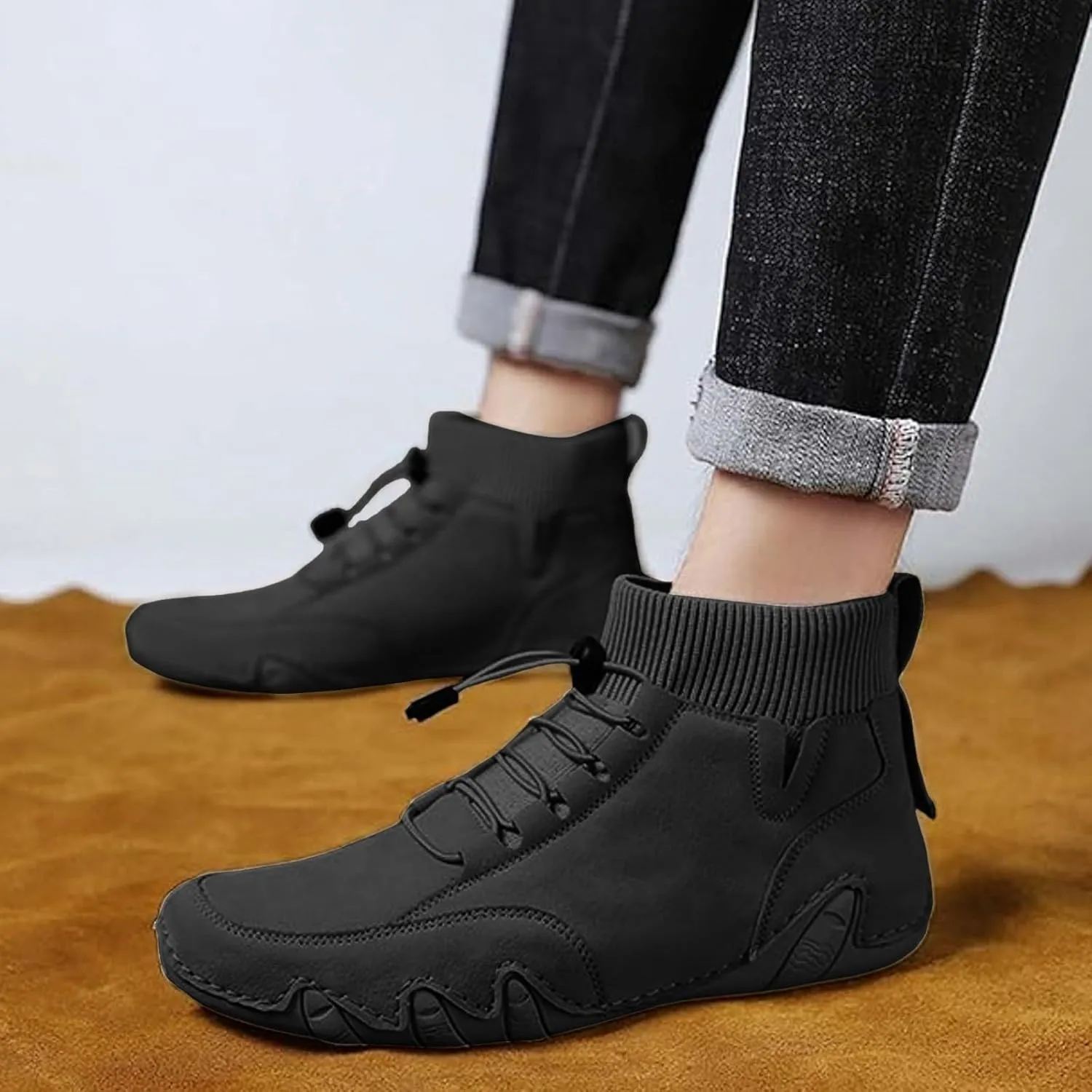 Couple's High Top Casual Shoes Casual Leather Water Proof Boots Splicing Leather Shoes Soft Soled Semi Casual Shoes Men