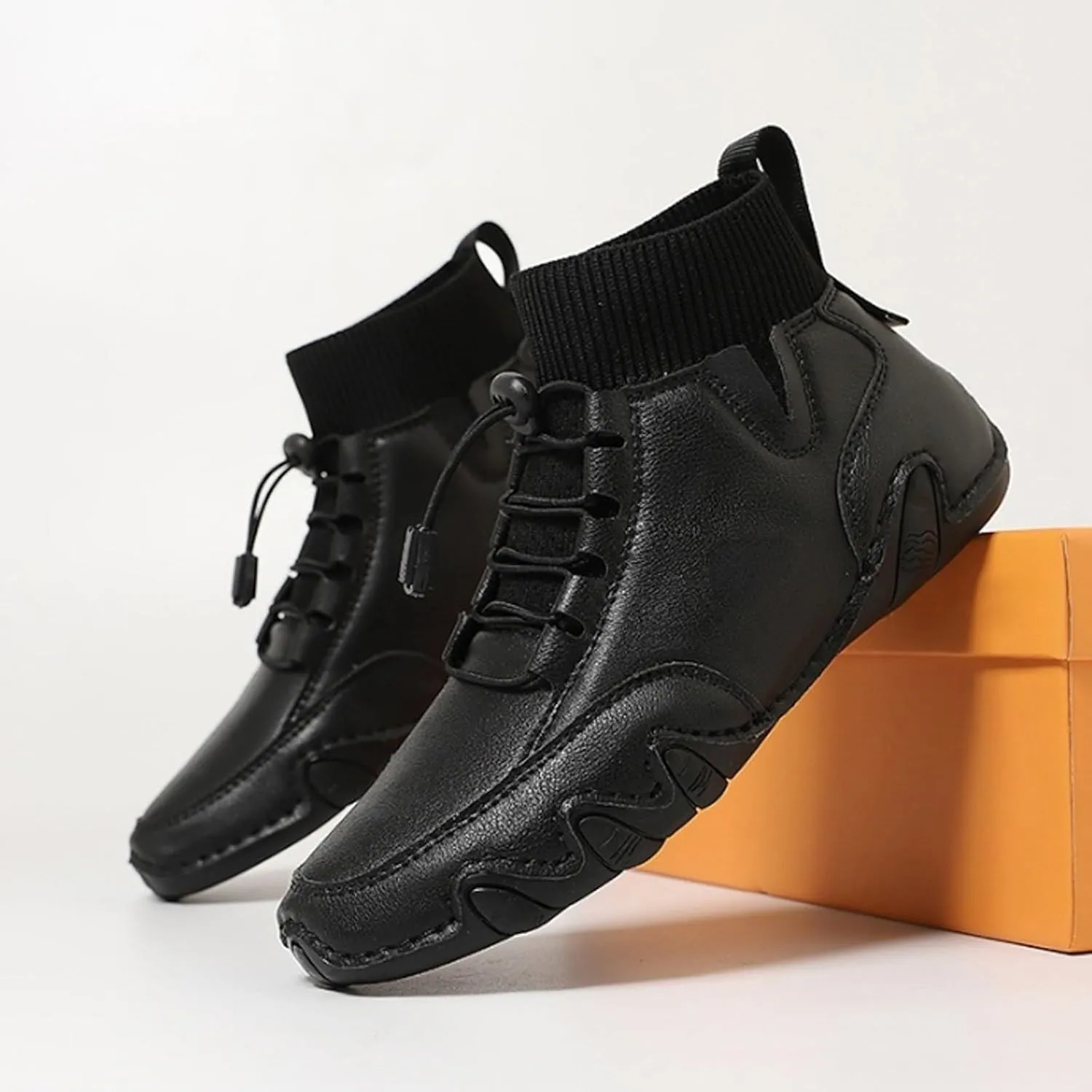 Couple's High Top Casual Shoes Casual Leather Water Proof Boots Splicing Leather Shoes Soft Soled Semi Casual Shoes Men