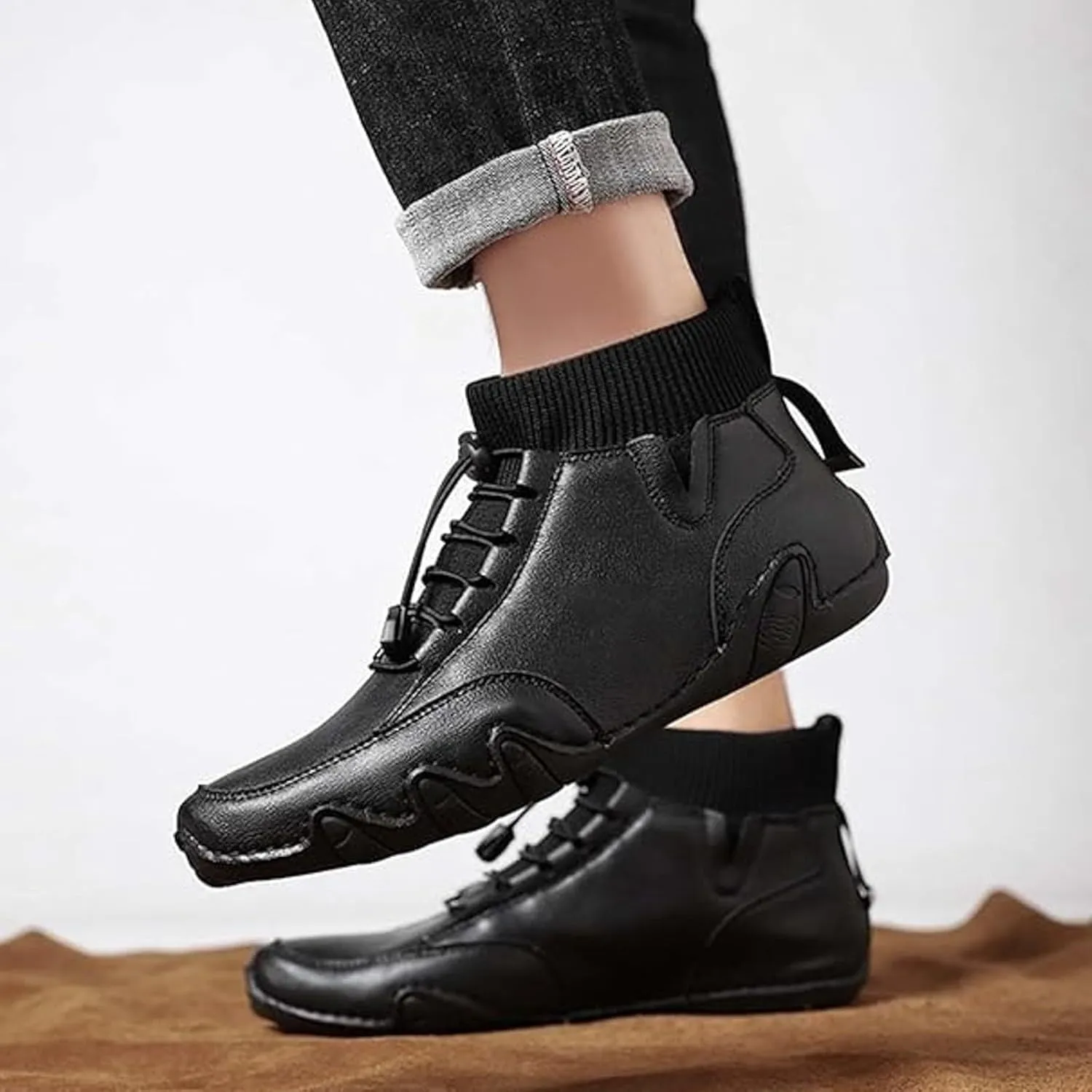 Couple's High Top Casual Shoes Casual Leather Water Proof Boots Splicing Leather Shoes Soft Soled Semi Casual Shoes Men