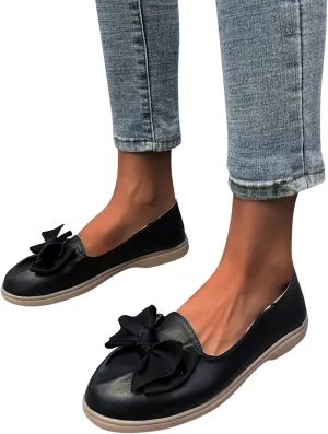 Hbeylia Women's Slip On Loafers Fashion Bowknot Design Leather Soft Comfort Round Toe Non Slip Low Heels Ballet Flats Lightweight Fall Business Formal Work Nurse Dress Loafers