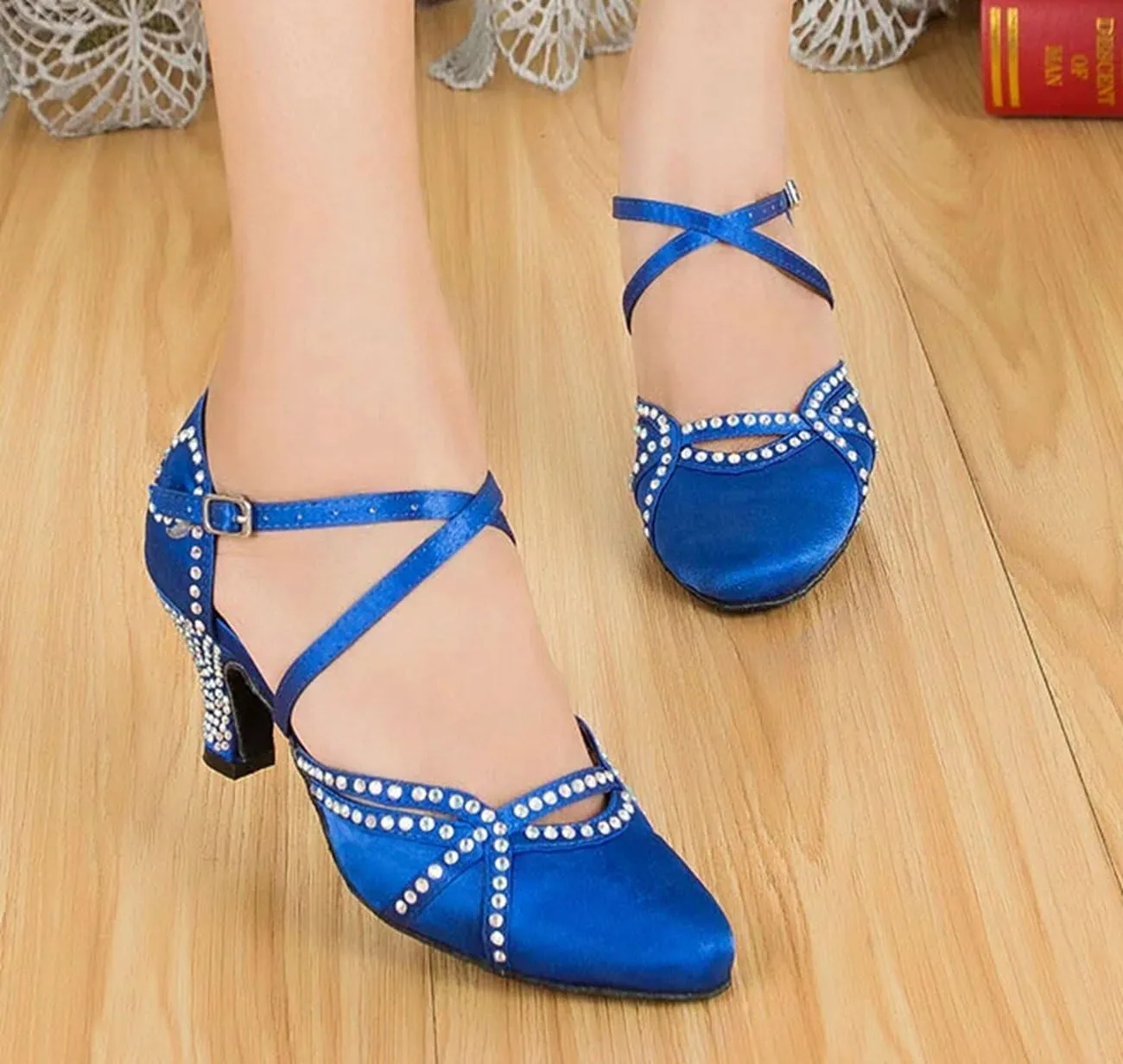 Minishion Women's TH137 Cross Strap Low Heel Satin Wedding Ballroom Latin Taogo Dance Pumps Shoes