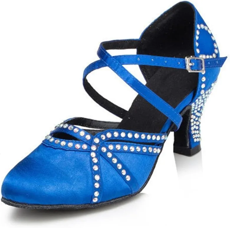 Minishion Women's TH137 Cross Strap Low Heel Satin Wedding Ballroom Latin Taogo Dance Pumps Shoes