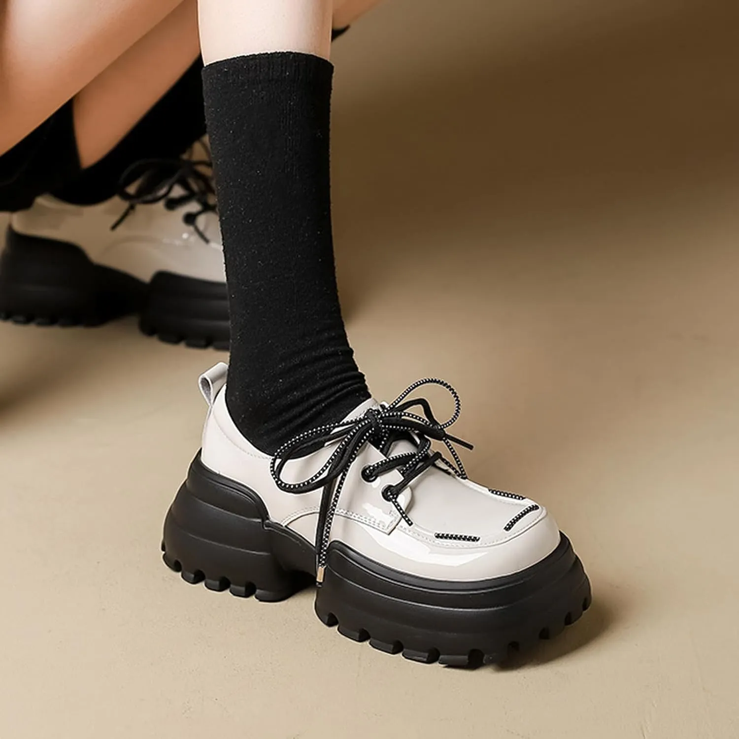 Women's Lug Sole Platform Oxfords,Fashion Patent Leather Lace Up Loafers Comfortable Round Toe Business Dress Shoes
