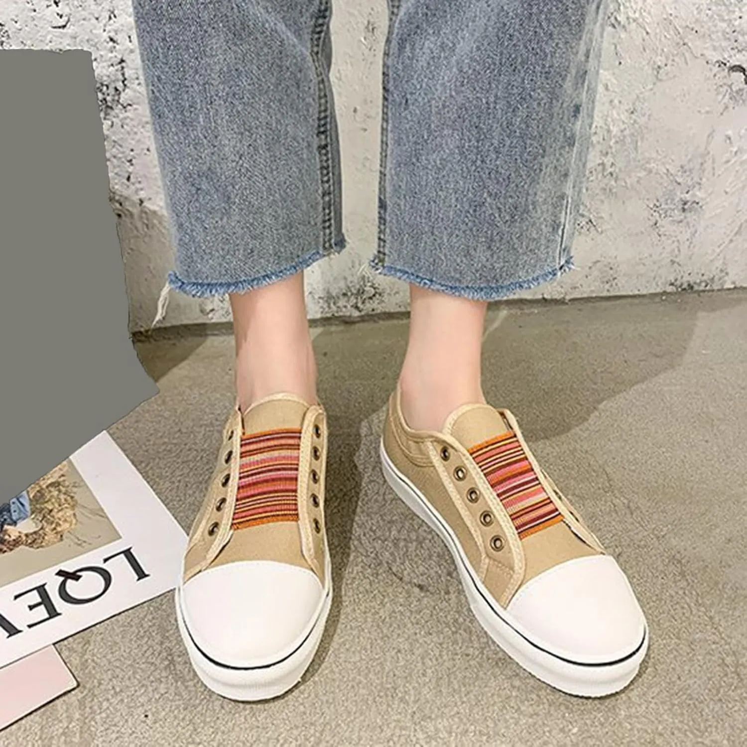 YIBLBOX Women's Canvas Slip on Sneakers Casual Slip on Walking Shoes Womens Flat Dress Shoes Non Slip Work Shoes