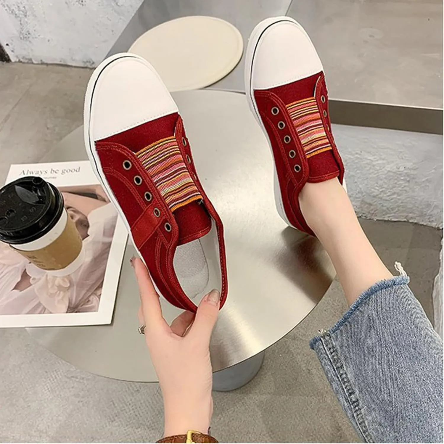 YIBLBOX Women's Canvas Slip on Sneakers Casual Slip on Walking Shoes Womens Flat Dress Shoes Non Slip Work Shoes